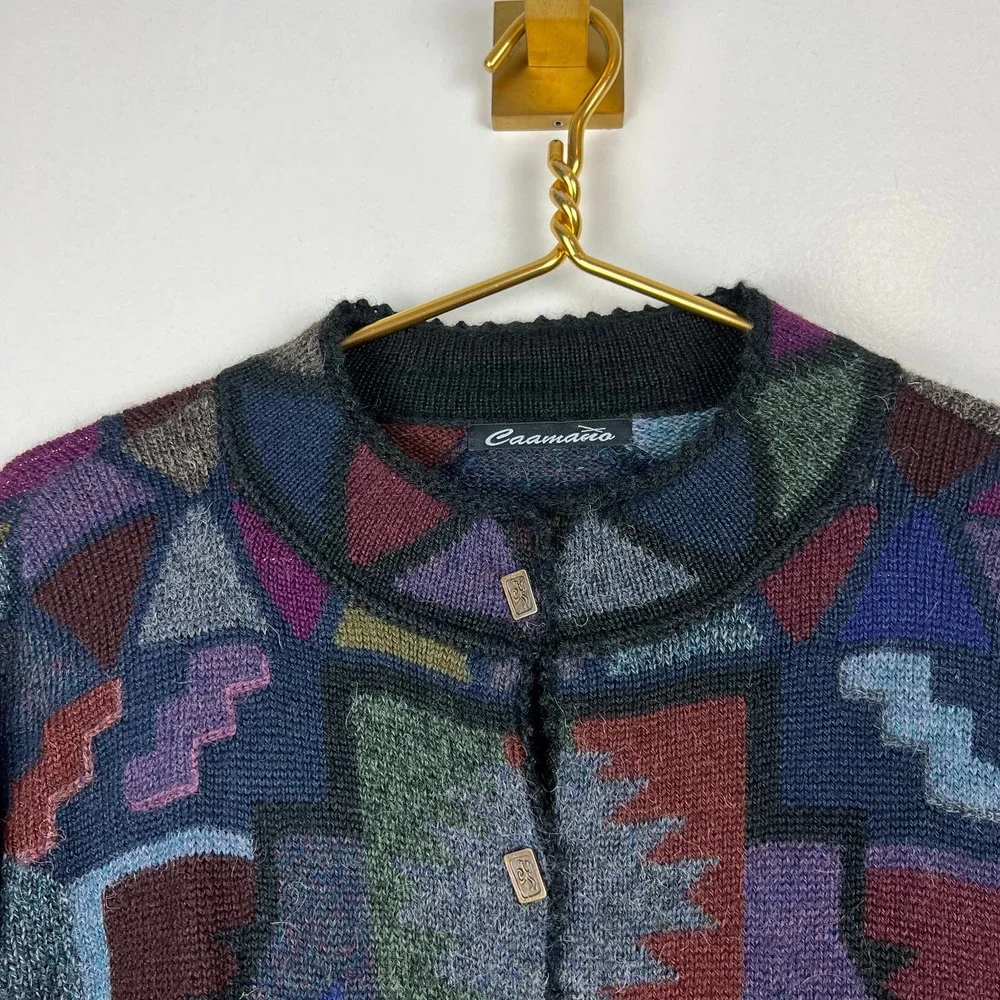 Caamano Peruvian Alpaca Hand-Knit Cardigan Sweater Multicolor Art to Wear Sz M - Picture 5 of 10